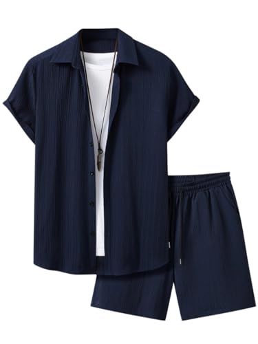 Oanviso Herren 2 Teiliges Sommer Freizeitanzug Sets Kurzarm Hemden + Shorts Set Jogginganzüge Mode Casual Strand Outfits mit Knöpfen Männer Trainingsanzug Zweiteiler B Rosa M von Oanviso