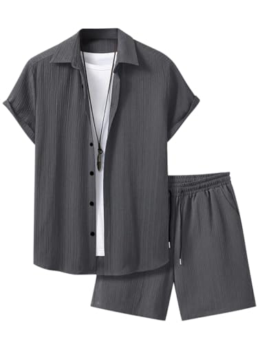 Oanviso Herren 2 Teiliges Sommer Freizeitanzug Sets Kurzarm Hemden + Shorts Set Jogginganzüge Mode Casual Strand Outfits mit Knöpfen Männer Trainingsanzug Zweiteiler B Schwarz L von Oanviso