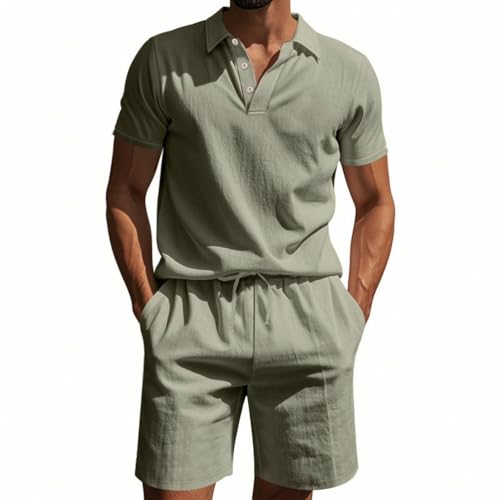 Oanviso Herren 2 Teiliges Sommer Sportanzug Leinenhemd + Kurze Hose Freizeitanzug Einfarbig Outfit Kurzarm Henley Hemd Leinenshorts Männer Trainingsanzug A Armeegrün L von Oanviso