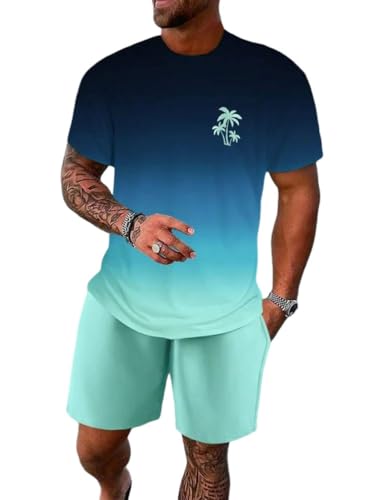 Oanviso Herren 2 Teiliges T-Shirt und Hosen Mit Taschen Casual Sets 3D Druck Shirt Shorts Jogginganzug Outfit Sweathose Kurze für Männer Sommer Freizeitanzug A4 Grün XL von Oanviso