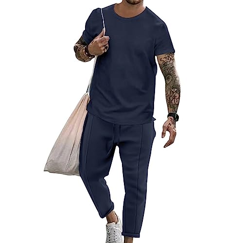 Oanviso Herren 2 Teiliges T-Shirt und Hosen Mode Oberteile Jogginganzug Sommer Einfarbig Freizeitanzug Outfit Lässige Sweathose Freizeithose für Männer A Marine M von Oanviso