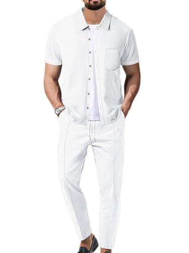 Oanviso Herren 2 Teiliges T-Shirt und Hosen Sets Freizeithemden Jogginganzug Freizeitanzug Sporthosen Mit Knöpfen Mode Business Arbeitshemd Sommer Sportanzug A Weiß XL von Oanviso