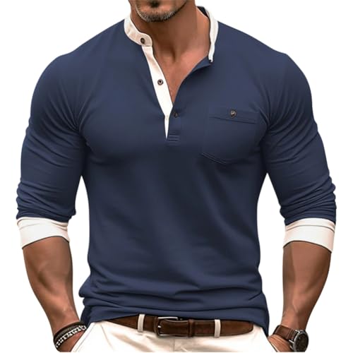 Oanviso Herren 3 Knöpfe Henley Shirt Knopfleiste Einfacher V-Ausschnitt Hemden Weich Bequem Hemd Classic Langen Ärmeln Freizeit Shirts Alltagsoberteile für Frühling und Herbst B Blau L von Oanviso