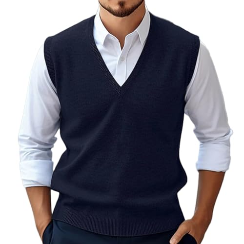 Oanviso Herren Ärmellose Strickweste Business Pullunder Anzugweste Lässig V-Ausschnitt Pulloverweste Sleeveless Gestrickt Pullover für Männer Strick Weste A Marine XL von Oanviso