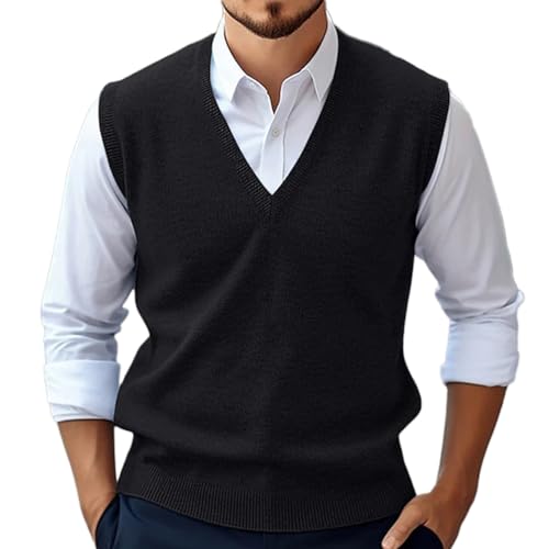Oanviso Herren Ärmellose Strickweste Business Pullunder Anzugweste Lässig V-Ausschnitt Pulloverweste Sleeveless Gestrickt Pullover für Männer Strick Weste A Schwarz XL von Oanviso