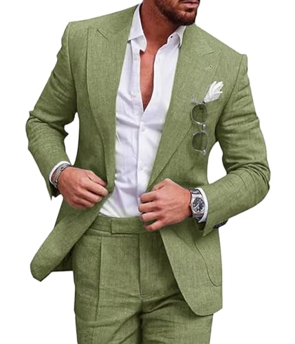 Oanviso Herren Anzug 2 Teiler Klassisches Zweiteiliges Set aus Revers-Anzug und Hose Einfarbiger Anzugset mit Manschettenknöpfen Einfacher Einreihiger Business Freizeitanzug A Grün XXL von Oanviso