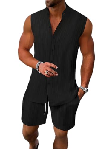 Oanviso Herren Anzug Sommer Sportanzug Tank Top Hemd + Kurze Hose Freizeitanzug Einfarbig Outfit Ärmellos Hawaii Freizeithemd Shorts Männer Trainingsanzug A Schwarz L von Oanviso