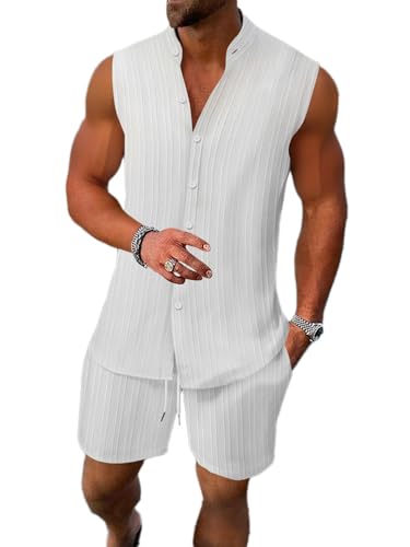 Oanviso Herren Anzug Sommer Sportanzug Tank Top Hemd + Kurze Hose Freizeitanzug Einfarbig Outfit Ärmellos Hawaii Freizeithemd Shorts Männer Trainingsanzug A Weiß S von Oanviso