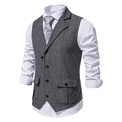 Oanviso Herren Anzugweste Frühling und Herbst V-Ausschnitt Tweed Weste Ärmellose Jacke Fischgrätmuster Anzug Weste mit Taschen und Knöpfe Klassische Business Anzugweste Casual Weste A Grau XL von Oanviso