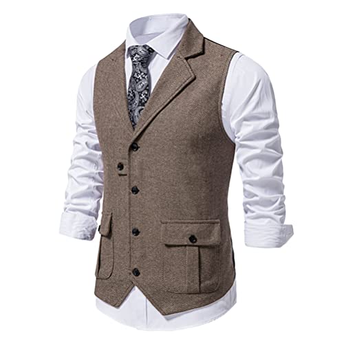 Oanviso Herren Anzugweste Frühling und Herbst V-Ausschnitt Tweed Weste Ärmellose Jacke Fischgrätmuster Anzug Weste mit Taschen und Knöpfe Klassische Business Anzugweste Casual Weste A Kaffee M von Oanviso