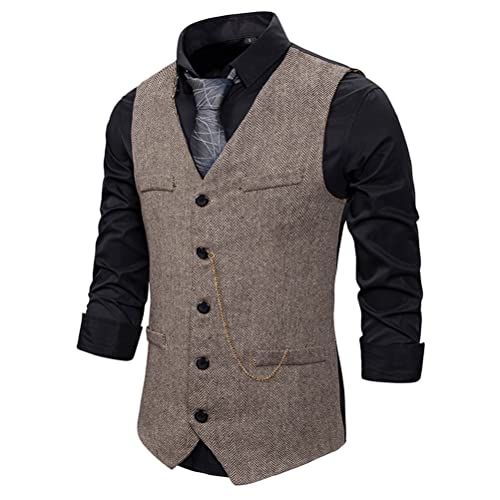 Oanviso Herren Anzugweste Frühling und Herbst V-Ausschnitt Tweed Weste Ärmellose Jacke Fischgrätmuster Anzug Weste mit Taschen und Knöpfe Klassische Business Anzugweste Casual Weste B Kaffee M von Oanviso