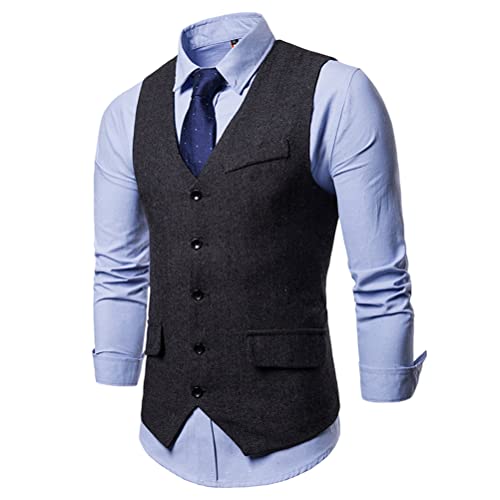 Oanviso Herren Anzugweste Frühling und Herbst V-Ausschnitt Tweed Weste Ärmellose Jacke Fischgrätmuster Anzug Weste mit Taschen und Knöpfe Klassische Business Anzugweste Casual Weste D Schwarz M von Oanviso