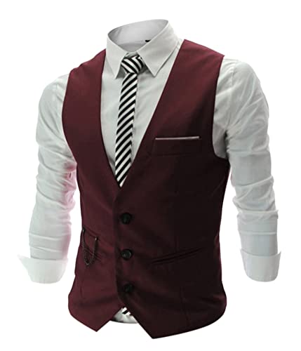 Oanviso Herren Anzugweste V-Ausschnitt Ärmellose Weste Slim Fit Einreihig Weste Klassische Einfarbig Businessweste Elegant Formale Weste mit Taschen Volles Kleid Westen Hochzeitsweste A Rotwein L von Oanviso