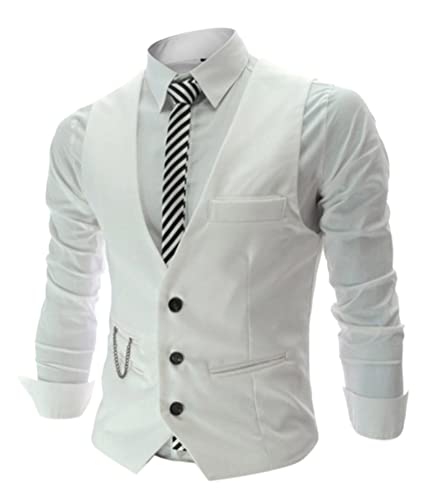 Oanviso Herren Anzugweste V-Ausschnitt Ärmellose Weste Slim Fit Einreihig Weste Klassische Einfarbig Businessweste Elegant Formale Weste mit Taschen Volles Kleid Westen Hochzeitsweste A Waeiß XS von Oanviso
