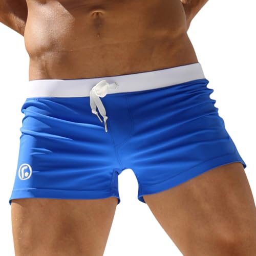 Oanviso Herren Badehose Kurz Schwimmhose mit Tunnelzug Einfarbige Boxer-Badehose Schnelltrocknend Wassersport Shorts Vorder mit Reißverschlusstasche Training Badepants B Blau 3XL von Oanviso