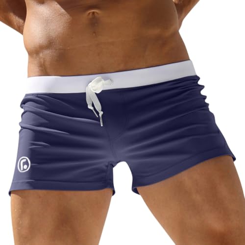 Oanviso Herren Badehose Kurz Schwimmhose mit Tunnelzug Einfarbige Boxer-Badehose Schnelltrocknend Wassersport Shorts Vorder mit Reißverschlusstasche Training Badepants B Marineblau 3XL von Oanviso