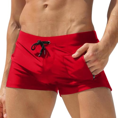 Oanviso Herren Badehose Kurz Schwimmhose mit Tunnelzug Einfarbige Boxer-Badehose Schnelltrocknend Wassersport Shorts Vorder mit Reißverschlusstasche Training Badepants D Rot XL von Oanviso