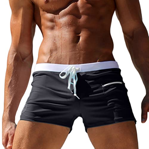 Oanviso Herren Badehose Kurz Schwimmhose mit Tunnelzug Einfarbige Boxer-Badehose Schnelltrocknend Wassersport Shorts Vorder mit Reißverschlusstasche und Kleine Aufgedruckte Muster A Schwarz M von Oanviso