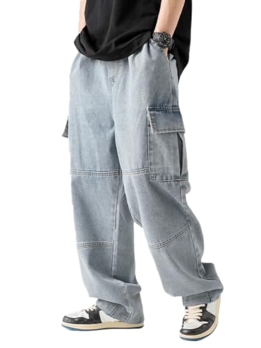 Oanviso Herren Baggy Jeanshose mit Knöpfen Denim Haremshose mit Weitem Bein Männer Straight Vintage Hip Hop Hose Coole Jungen Stretch Freizeithose Streetwear B Blau M von Oanviso
