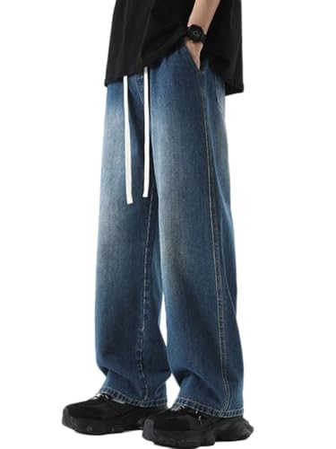 Oanviso Herren Baggy Jeanshose mit Knöpfen Denim Haremshose mit Weitem Bein Männer Straight Vintage Hip Hop Hose Coole Jungen Stretch Freizeithose Streetwear G Dunkelblau M von Oanviso