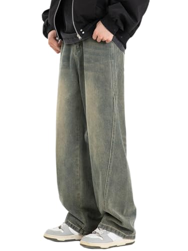 Oanviso Herren Baggy Jeanshose mit Knöpfen Denim Haremshose mit Weitem Bein Männer Straight Vintage Hip Hop Hose Coole Jungen Stretch Freizeithose Streetwear I Gelb Blau M von Oanviso