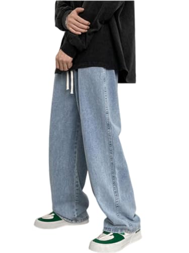 Oanviso Herren Baggy Jeanshose mit Kordelzug Denim Hose mit Weitem Bein Lässig Männer Straight Vintage Hip Hop Hose Coole Jungen Stretch Freizeithose Streetwear A Hellblau M von Oanviso