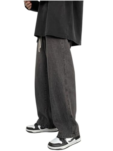 Oanviso Herren Baggy Jeanshose mit Kordelzug Denim Hose mit Weitem Bein Lässig Männer Straight Vintage Hip Hop Hose Coole Jungen Stretch Freizeithose Streetwear A Schwarz 3XL von Oanviso