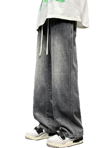 Oanviso Herren Baggy Jeanshose mit Kordelzug Denim Hose mit Weitem Bein Lässig Männer Straight Vintage Hip Hop Hose Coole Jungen Stretch Freizeithose Streetwear E Grau M von Oanviso