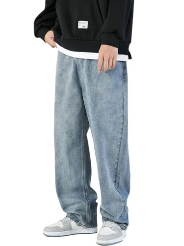 Oanviso Herren Baggy Jeanshose mit Kordelzug Denim Hose mit Weitem Bein Lässig Männer Straight Vintage Hip Hop Hose Coole Jungen Stretch Freizeithose Streetwear F Hellblau M von Oanviso