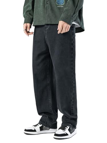 Oanviso Herren Baggy Jeanshose mit Kordelzug Denim Hose mit Weitem Bein Lässig Männer Straight Vintage Hip Hop Hose Coole Jungen Stretch Freizeithose Streetwear F Schwarz XL von Oanviso