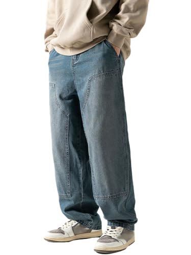 Oanviso Herren Baggy Jeanshose mit Kordelzug Denim Hose mit Weitem Bein Lässig Männer Straight Vintage Hip Hop Hose Coole Jungen Stretch Freizeithose Streetwear G Dunkelblau XL von Oanviso