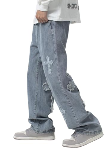 Oanviso Herren Baggy Jeanshose mit Kordelzug Denim Hose mit Weitem Bein Lässig Männer Straight Vintage Hip Hop Hose Coole Jungen Stretch Freizeithose Streetwear H1 Hellblau M von Oanviso