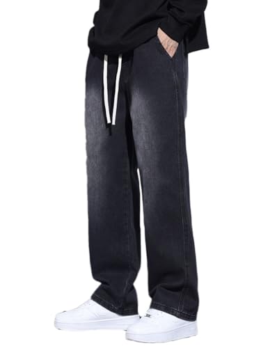 Oanviso Herren Baggy Jeanshose mit Kordelzug Denim Hose mit Weitem Bein Lässig Männer Straight Vintage Hip Hop Hose Coole Jungen Stretch Freizeithose Streetwear K1 Schwarz M von Oanviso