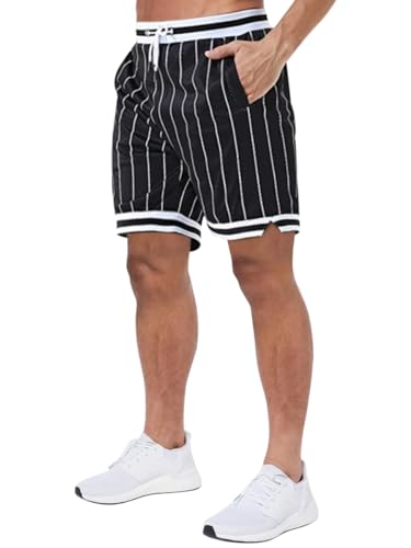 Oanviso Herren Basketball Shorts Mesh Sportshorts Atmungsaktiv Laufshorts Gestreifter Saum Kurze Hose mit Taschen Elastischer Bund Casual Shorts Sommer Fitness Running Sweatshorts C Schwarz L von Oanviso