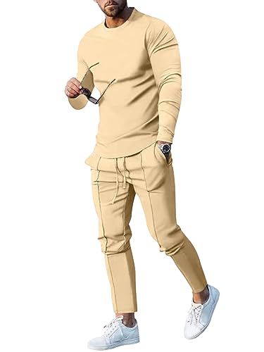 Oanviso Herren Bekleidungssets Jogginganzüge Einfarbig Sportanzug Pullover und Freizeithose Zweiteiler Set Freizeitanzug Rundhals Trainingsanzüge Fitnessanzug Langarm Basic Herbst A Beige L von Oanviso