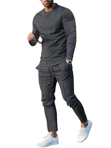 Oanviso Herren Bekleidungssets Jogginganzüge Einfarbig Sportanzug Pullover und Freizeithose Zweiteiler Set Freizeitanzug Rundhals Trainingsanzüge Fitnessanzug Langarm Basic Herbst A Dunkelgrau XL von Oanviso