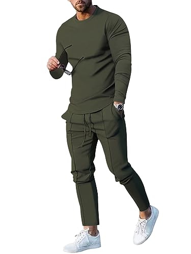 Oanviso Herren Bekleidungssets Jogginganzüge Einfarbig Sportanzug Pullover und Freizeithose Zweiteiler Set Freizeitanzug Rundhals Trainingsanzüge Fitnessanzug Langarm Basic Herbst A Grün L von Oanviso