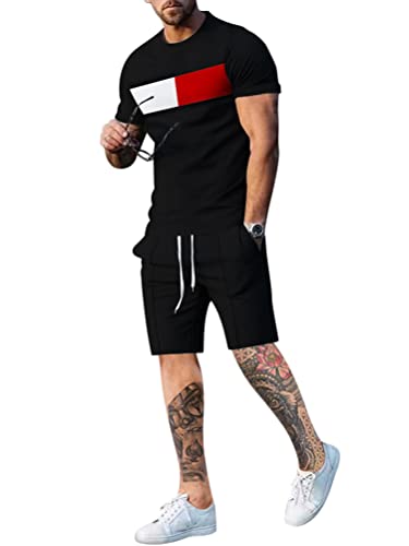 Oanviso Herren Bekleidungssets Jogginganzüge Trainingsanzug Rundhals SpleißEn Kurzarm T-Shirt + Sportshorts Zweiteiler Set Outdoor Freizeitanzüge Sommer Leicht Atmungsaktiv 2-Teiliges A Schwarz L von Oanviso