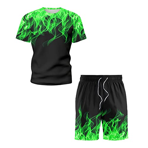 Oanviso Herren Bekleidungssets Sommer T-Shirt + Short 3D Flammendruck T-Shirt Sets Frühling Mode Kurzarm Shirts mit Rundhals Casual Sets Slim Fit Atmungsaktiv Sport-Set A Grün S von Oanviso