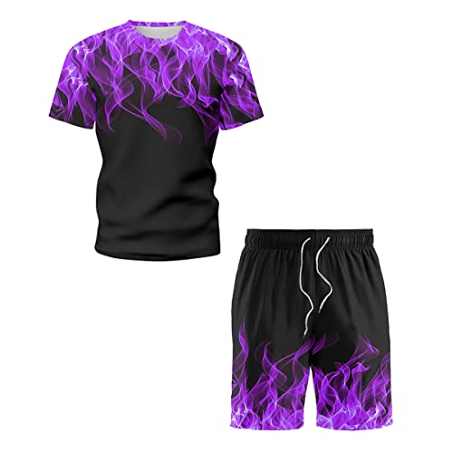 Oanviso Herren Bekleidungssets Sommer T-Shirt + Short 3D Flammendruck T-Shirt Sets Frühling Mode Kurzarm Shirts mit Rundhals Casual Sets Slim Fit Atmungsaktiv Sport-Set A Lila XL von Oanviso