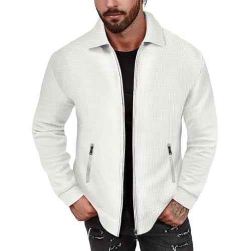 Oanviso Herren Blouson Übergangsjacke Dünne Freizeitjacke Sweatjacke mit Reißverschluss Einfarbig Strickpullover Langarm Männer Cardigan Oversized für Herbst A Weiß XL von Oanviso