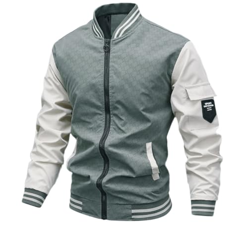 Oanviso Herren Bomberjacke College Baseballjacke Unisex Patchwork Sportjacke Racing Varsity Jacket für Jungen Sweatjacke Outdoorjacke Übergangsjacke Streetwear A Grau Grün 3XL von Oanviso