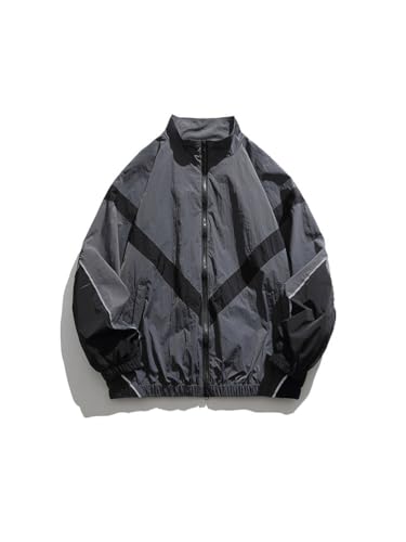 Oanviso Herren Bomberjacke College Oversized Y2K 90S Bedruckte Patchwork Racing Sweatjacke Baseball Mantel Mit Taschen Teenager Casual Übergangsjacke für Frühling B Grau M von Oanviso