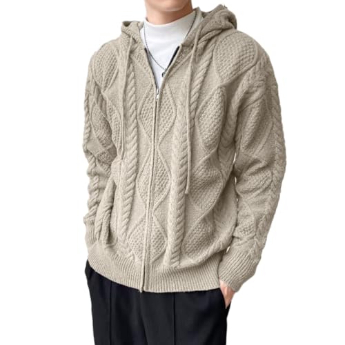 Oanviso Herren Cardigan Strickjacke mit Kapuze Mode Pullover Warm Herbst Strickpullover Grobstrick Jacken Jumper Kapuzenpullover Zopfmuster Pulli für Männer A Beige XL von Oanviso