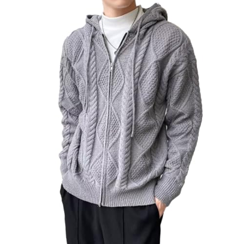 Oanviso Herren Cardigan Strickjacke mit Kapuze Mode Pullover Warm Herbst Strickpullover Grobstrick Jacken Jumper Kapuzenpullover Zopfmuster Pulli für Männer A Grau XL von Oanviso
