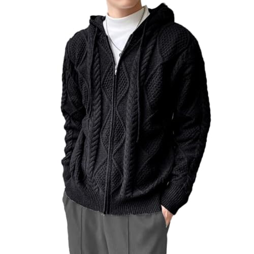 Oanviso Herren Cardigan Strickjacke mit Kapuze Mode Pullover Warm Herbst Strickpullover Grobstrick Jacken Jumper Kapuzenpullover Zopfmuster Pulli für Männer A Schwarz S von Oanviso