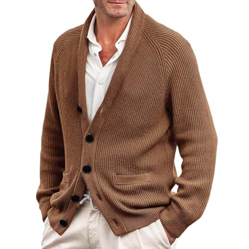 Oanviso Herren Cardigan mit V-Kragen Casual Strickjacke Strick Mantel mit Knopf und Taschen Gestrickte Pullover Herbst Winter Sweater Langen Ärmeln Strickjacke mit Schalkragen B Braun XXL von Oanviso