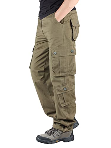 Oanviso Herren Cargohose mit 8 Taschen Regular Fit Hose Solide Farbee Hose Pattentasche Outdoorhose Gerade Hosen Freizeithose Wanderhose Atmungsaktiv und Verschleißfest A Armee-Gelb 3XL von Oanviso