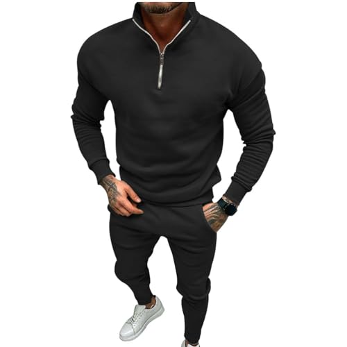 Oanviso Herren Casual Jogginganzug 2 Set Sportanzug Freizeitanzug Zip Plüsch Pullover Warm Sweater Langarm Winter Trainingsanzug Sporthosen Bekleidungsset Große Größe A Schwarz S von Oanviso