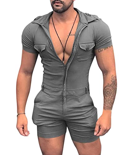 Oanviso Herren Casual Kurzarm Strampler Einfarbig Persönlichkeit Overalls Reißverschluss oder Knopfverschluss One-Piece Sport Onesie Bequemer Schlafanzug Multi-Kragenformen Jumpsuit A Grau L von Oanviso